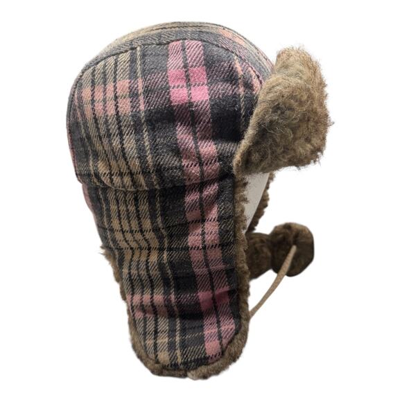 Pink Plaid Faux Fur Trapper Hat Ear Flap Pom Pom Cozy Winter Y2K - Picture 3 of 5